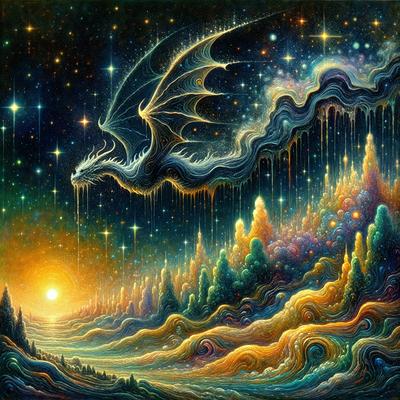 The primary subject of the image is a dragon, which is depicted in a fantastical and surreal manner. The dragon is surrounded by a vibrant and colorful landscape, featuring a mix of trees, mountains, and water. The setting appears to be a nighttime scene, with the dragon flying through the sky and the stars shining brightly. The visual style of the image is a combination of digital art and illustration, creating a unique and imaginative representation of the dragon and its surroundings